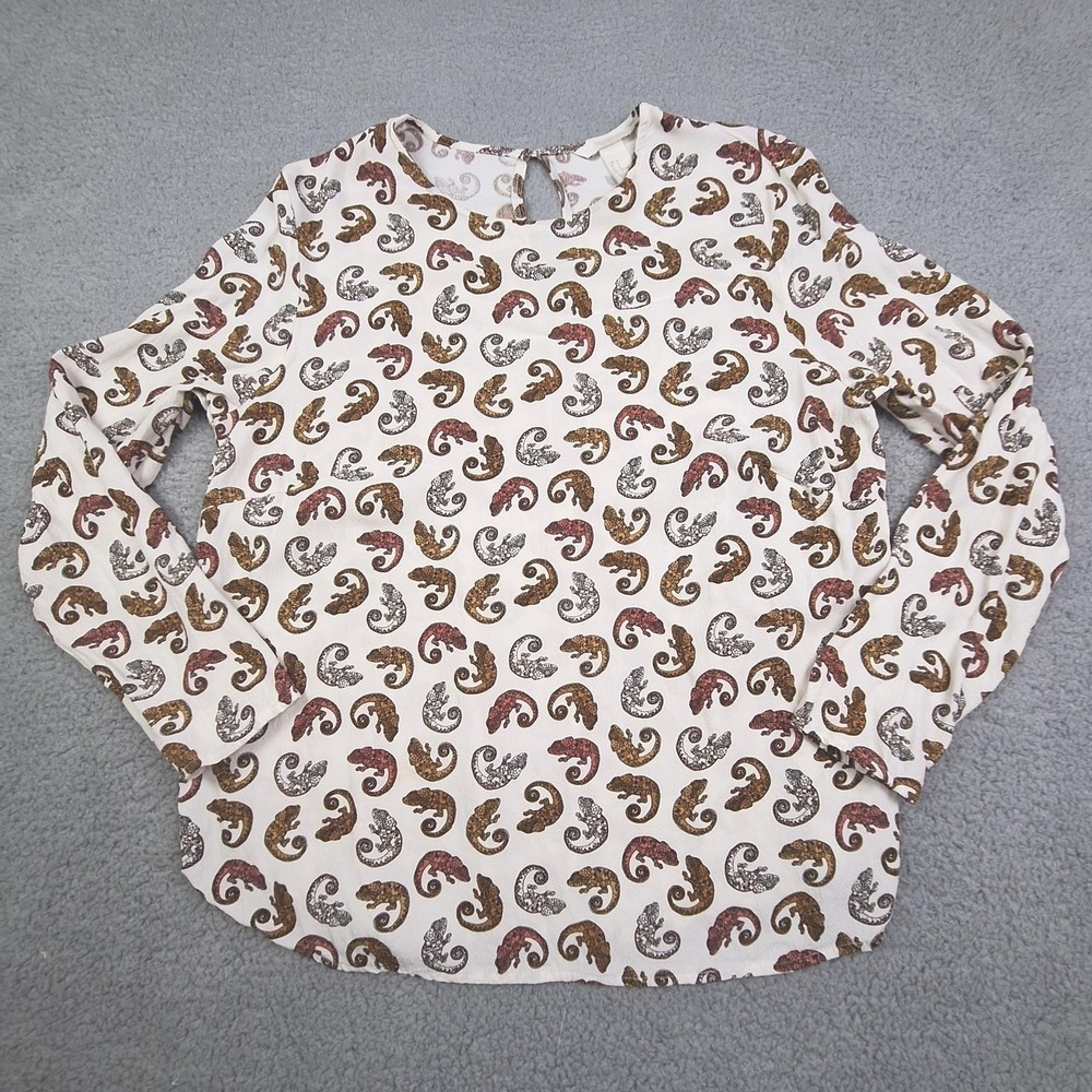 H&M‎ Blouse Womens 14 White Chameleon Lizard Gecko Print Long Sleeve